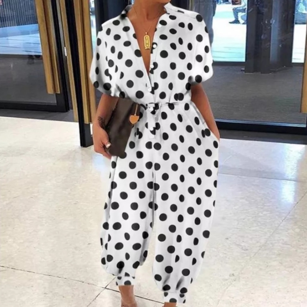 White Dot Sexy Polka Dot Lace Up Jumpsuite
